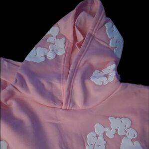 Denim Pink Hoodie with White Floral Design